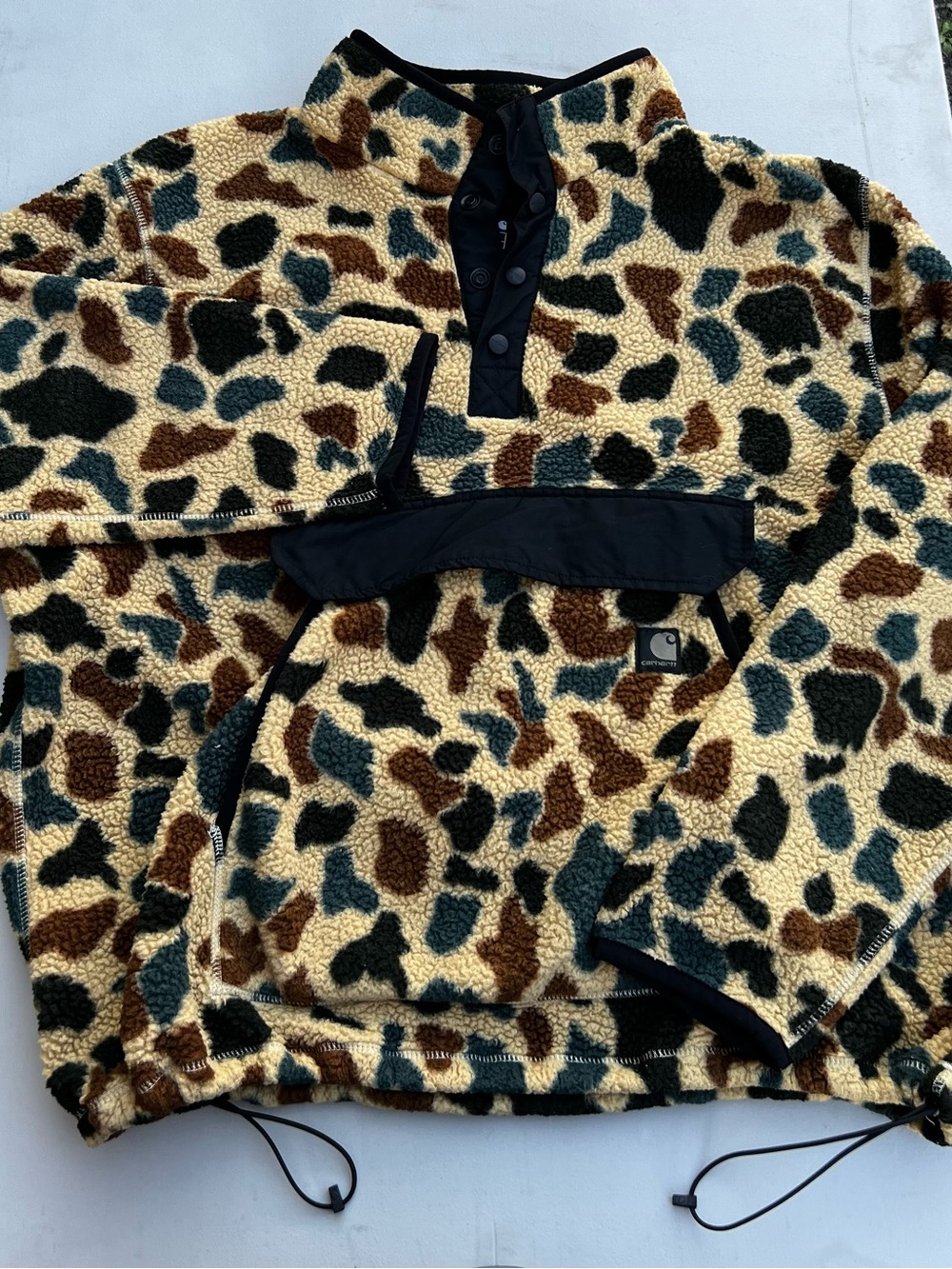 Carhartt Men’s Cream Sherpa Pullover with Brown, Black & Dark Green Spots